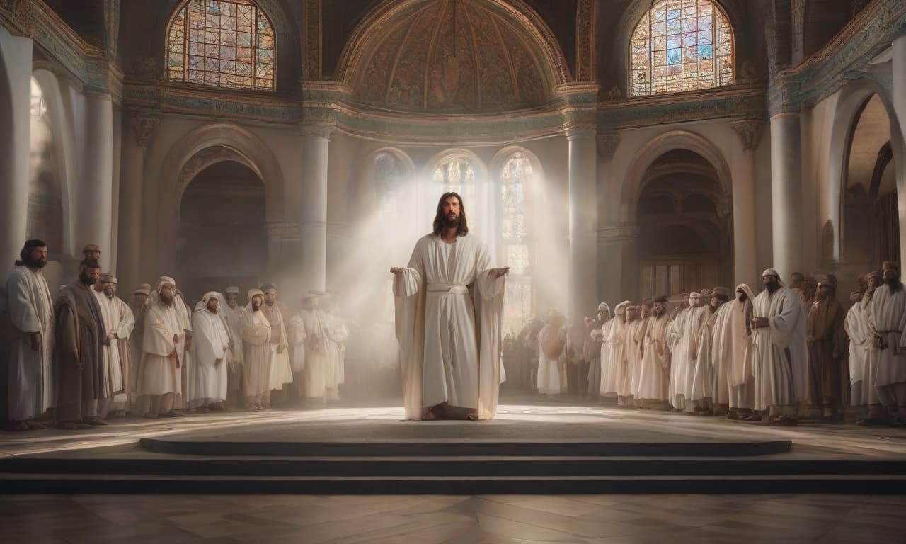  Jesus, in white garments, in the synagogue, heals the sick, sdxl hyperrealistic, full body, detailed clothing, highly detailed, cinematic lighting, stunningly beautiful, intricate, sharp focus, f/1. 8, 85mm, (centered image composition), (professionally color graded), ((bright soft diffused light)), volumetric fog, trending on instagram, trending on tumblr, HDR 4K, 8K