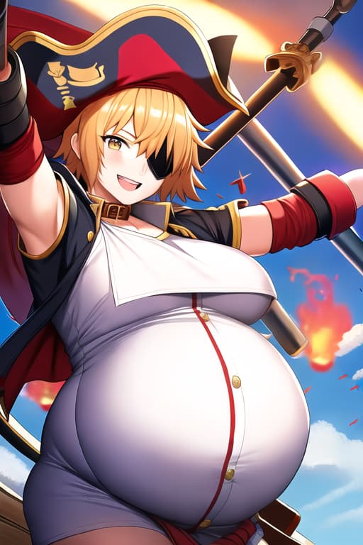  1boy, smile, pirate, pirate hat, eyepatch, carrying sword, dynamic pose, pirate ship background, looking at viewer, best quality, masterpiece, (( Huge breast )), (( huge pregnant )), (( full vodi ))