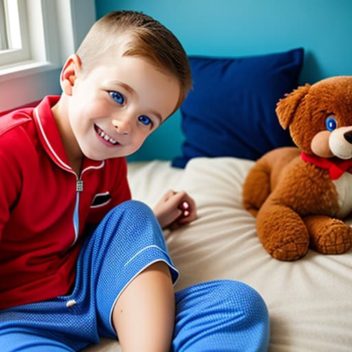  In the bed with pajamas on.the boy has blue eyes.he's smiling. And playing mario.pajamas half unzipped showing a red shirt.with a dog and a cat.you can see the window the oversees the outside. theme bedroom. Blushing.hair color blue.