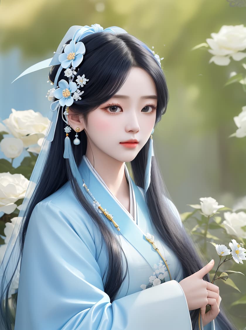  masterpiece, best quality, (Fidelity: 1.4), Best Quality, Masterpiece, Ultra High Resolution, Poster, Fantasy Art, Very Detailed Faces, 8k resolution, Chinese Style, An woman, Side Face, Quiet, Light Blue Hanfu, Tulle Coat, Long Black Hair, Light Blue Fringed Hair Ornament, Hairpin, White Ribbon, White Flower Bush, Light Blue Butterfly Flying, cinematic lighting effects