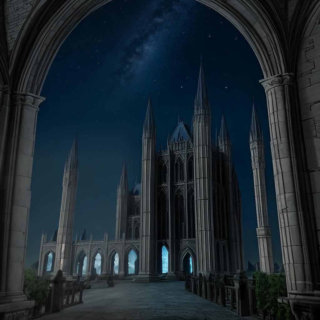  in a gothic aesthetic, Ethereal spires pierce the moonlit sky, as ancient arches weave tales of forgotten realms in a Gothic tapestry.