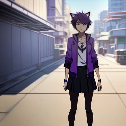  Makoto Shinkai style. semi - realistic anime style. Asian. looking at viewer. solo. fashion. soft shadows. modern. cute girl. character design. purple hair. full body. animal ears. uhd. high details.