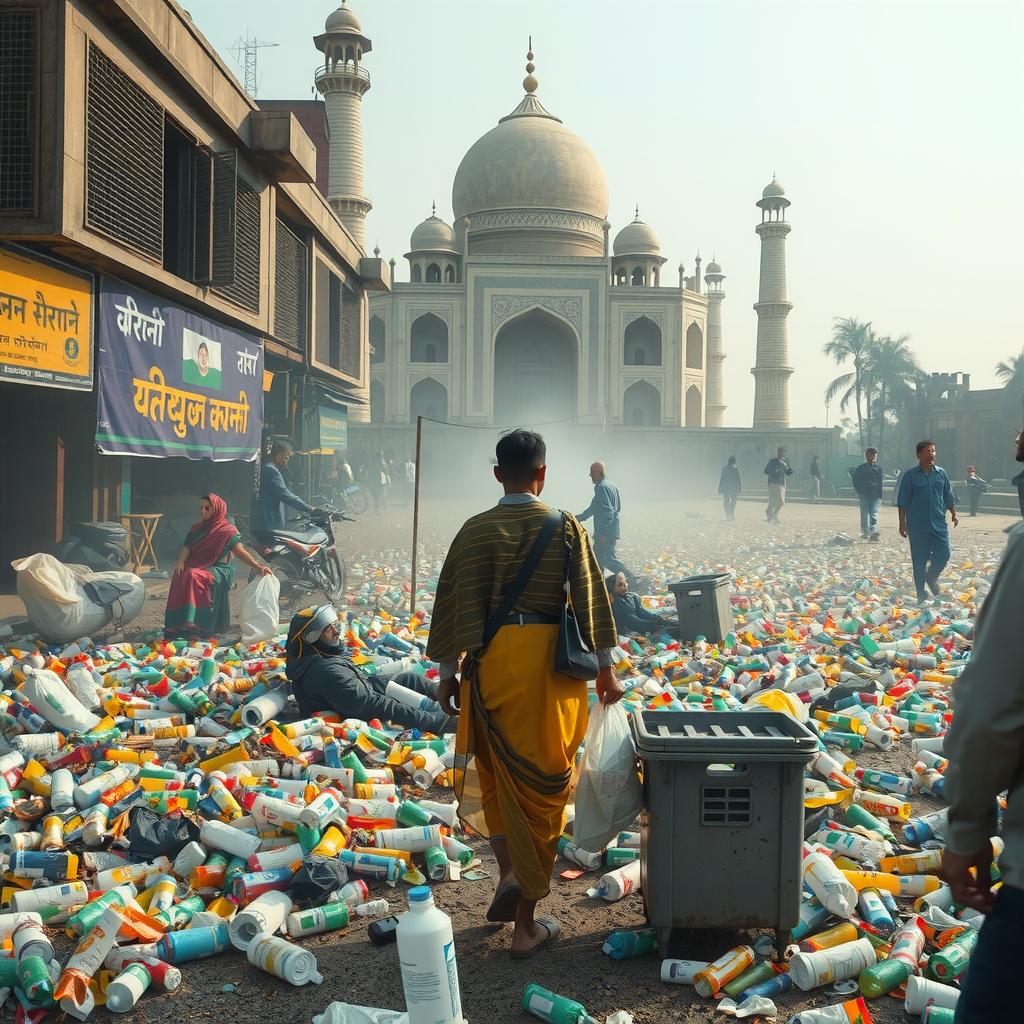  a haunting, surreal real image of a plastic filled environment in india, with plastic waste overflowing from streets, rivers, and landscapes. plastic bags, bottles, and microbeads litter the scene, with a few iconic indian elements (e.g. taj mahal, indian streets) visible in the background. the image should convey the overwhelming scale of plastic pollution in india hyperrealistic, full body, detailed clothing, highly detailed, cinematic lighting, stunningly beautiful, intricate, sharp focus, f/1. 8, 85mm, (centered image composition), (professionally color graded), ((bright soft diffused light)), volumetric fog, trending on instagram, trending on tumblr, HDR 4K, 8K