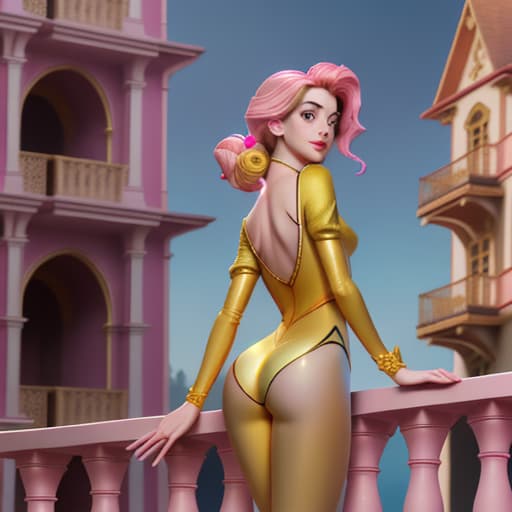  Anne Hathaway as Disney-like with amazing figures in bodytight,glittering,pink-yellow skinny short silk seen from the back showing some , deep over balcony of her palace