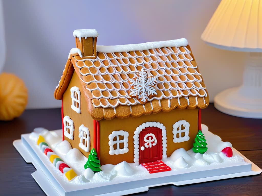  A closeup, ultradetailed image of a beautifully decorated gingerbread house, showcasing intricate icing details, colorful candies, and delicate snowflake patterns on a snowy white background. hyperrealistic, full body, detailed clothing, highly detailed, cinematic lighting, stunningly beautiful, intricate, sharp focus, f/1. 8, 85mm, (centered image composition), (professionally color graded), ((bright soft diffused light)), volumetric fog, trending on instagram, trending on tumblr, HDR 4K, 8K