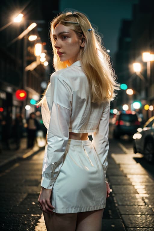  polaroid photo, night photo, photo of 24 y.o beautiful woman, pale skin, bokeh, motion blur, female from rear,blonde hair hyperrealistic, full body, detailed clothing, highly detailed, cinematic lighting, stunningly beautiful, intricate, sharp focus, f/1. 8, 85mm, (centered image composition), (professionally color graded), ((bright soft diffused light)), volumetric fog, trending on instagram, trending on tumblr, HDR 4K, 8K