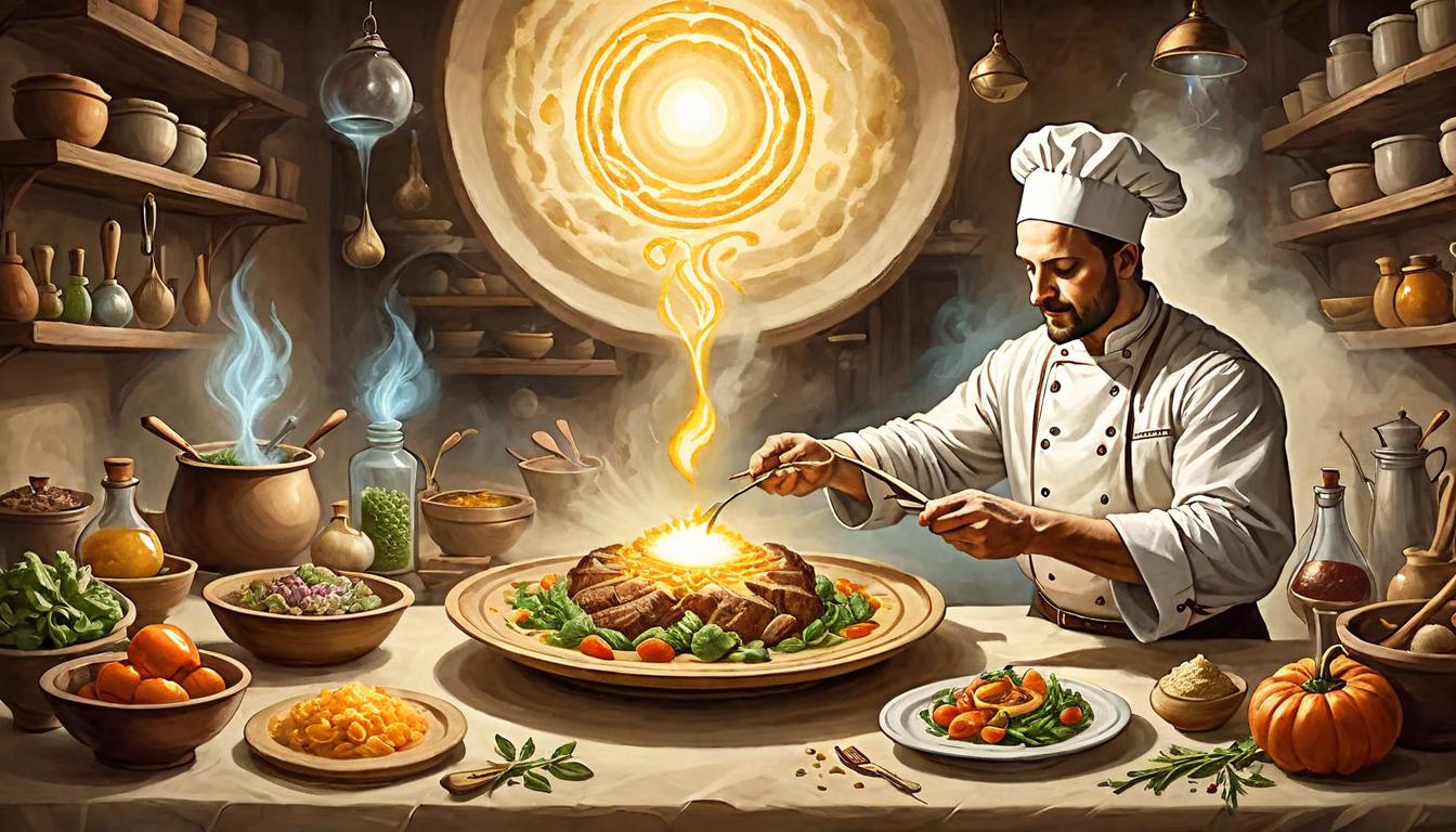  on parchment, surrealism+++, Person preparing a meal with glowing energy fields surrounding ingredients, warm kitchen setting, light emanating from hands, food infused with light, serene and reverent mood(mysterious, provocative, symbolic,muted color)+++