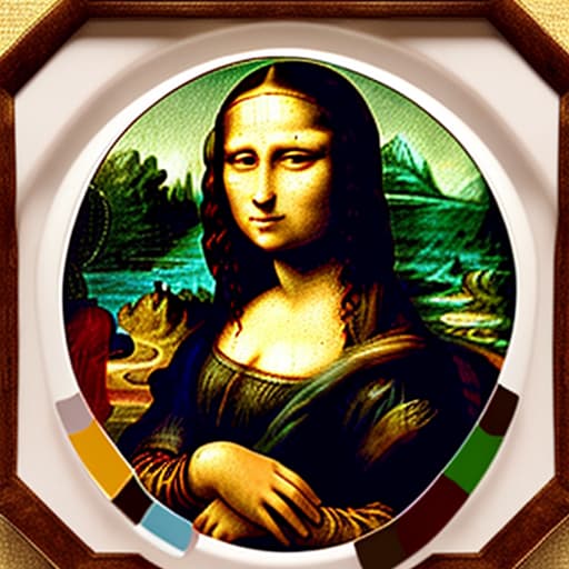  The Mona Lisa holding a white plate of fine dark chocolate candy pieces. background expanded. Painted in the style of Leonardo Da Vinci.