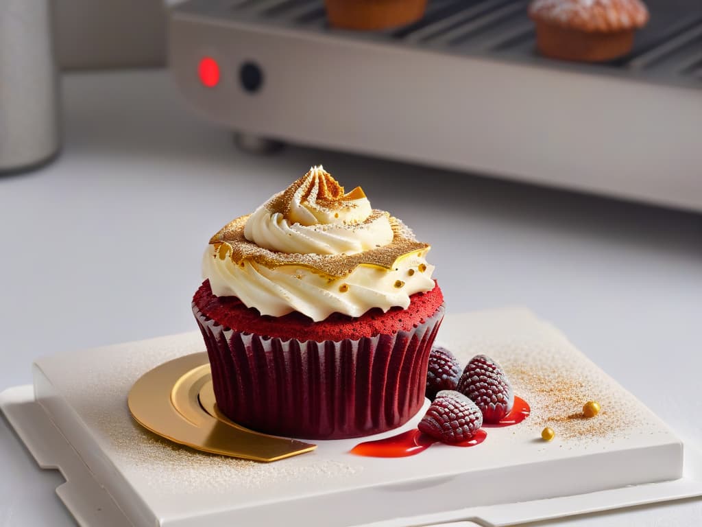  A closeup, ultradetailed image of a perfectly frosted red velvet cupcake topped with a single fresh raspberry and a sprinkle of edible gold dust, set on a sleek, modern white plate against a softfocus background of a bustling bakery kitchen. The vibrant hues and intricate textures of the dessert are captured in exquisite detail, showcasing the artistry and precision required in pastry making. hyperrealistic, full body, detailed clothing, highly detailed, cinematic lighting, stunningly beautiful, intricate, sharp focus, f/1. 8, 85mm, (centered image composition), (professionally color graded), ((bright soft diffused light)), volumetric fog, trending on instagram, trending on tumblr, HDR 4K, 8K