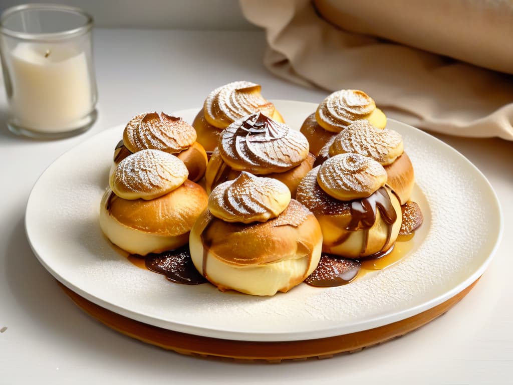  A closeup, ultradetailed image of goldenbrown profiteroles fresh out of the oven, steam rising elegantly from their perfectly puffed shells. Each profiterole is delicately dusted with a light sprinkle of powdered sugar, resting on a sleek, modern white plate with a subtle sheen. The background is softly blurred, emphasizing the intricate textures and crispy edges of the pastries, inviting the viewer to savor the moment before indulging in these gourmet delights. hyperrealistic, full body, detailed clothing, highly detailed, cinematic lighting, stunningly beautiful, intricate, sharp focus, f/1. 8, 85mm, (centered image composition), (professionally color graded), ((bright soft diffused light)), volumetric fog, trending on instagram, trending on tumblr, HDR 4K, 8K