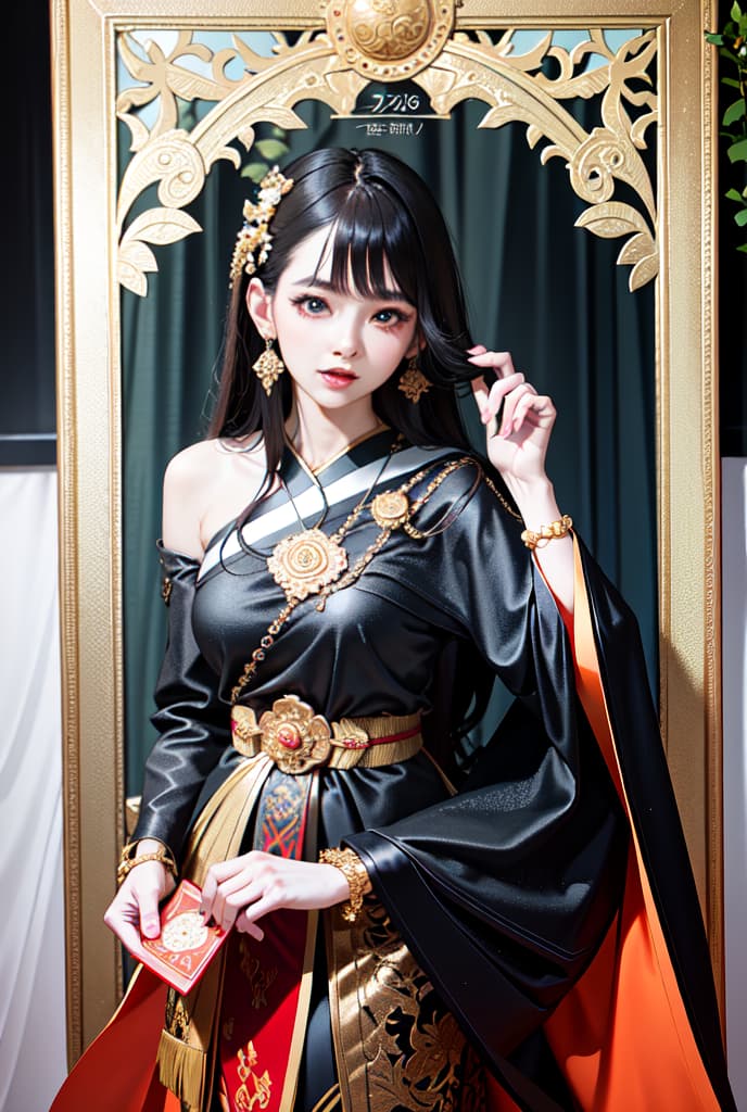  korean girl webtoon tarot cards black swan dress, sabai,jewelry,thailand tradition dress ADVERTISING PHOTO,high quality, good proportion, masterpiece , The image is captured with an 8k camera