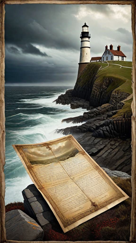  (A weathered, parchment map unfurled, revealing faded markings and a mysterious "X" indicating the location of a forgotten island, surrounded by churning, stormy seas and a dramatic cloudy sky. The map is held in the weathered hands of the lighthouse keeper, Mr. Hawthorn, standing on the rocky shore of Merrow Point, the old lighthouse glowing in the distance.) hyperrealistic, full body, detailed clothing, highly detailed, cinematic lighting, stunningly beautiful, intricate, sharp focus, f/1. 8, 85mm, (centered image composition), (professionally color graded), ((bright soft diffused light)), volumetric fog, trending on instagram, trending on tumblr, HDR 4K, 8K