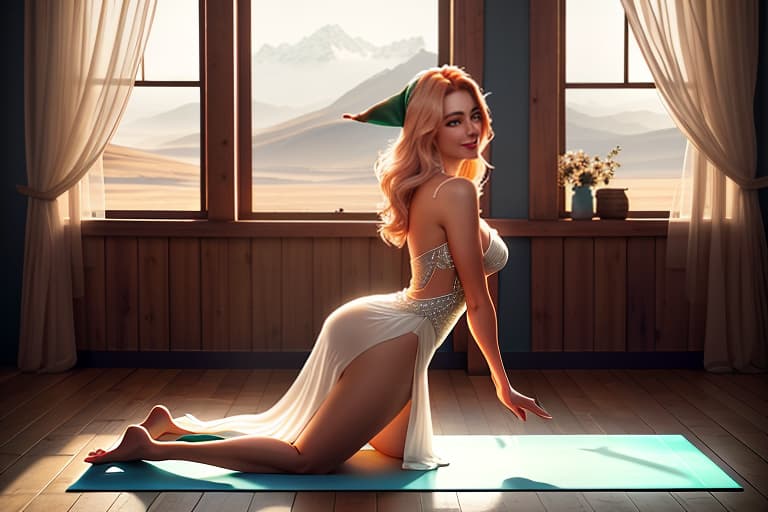  Gnome in a bedroom, with beauty face, with beautiful legs, with beautiful in a short transparent dress with a deep neckline and with a slit between the ocks , she is on all fours sideways like in yoga pose, dress is lifting to the waist. She's looking in camera and smiling. Picture is highly detailed, smooth , warm , cozy , by Chris Burkard , Alex Strohl , Elia Locardi , Benjamin Hardman , Lauren  hyperrealistic, full body, detailed clothing, highly detailed, cinematic lighting, stunningly beautiful, intricate, sharp focus, f/1. 8, 85mm, (centered image composition), (professionally color graded), ((bright soft diffused light)), volumetric fog, trending on instagram, trending on tumblr, HDR 4K, 8K