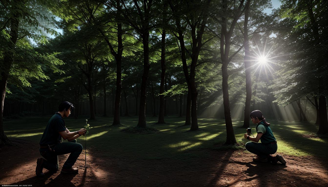  anime aesthetics, cinematic A person kneeling by a small sapling, gently watering it. Sunlight filtering through trees, creating a dappled effect. Lush, verdant background. Dynamic characters, intense action scenes, a color palette reminiscent of the era.4k, HDR, lens flare, visually stunning, emotionally evocative