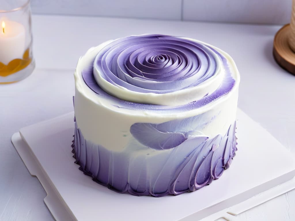  A closeup, ultradetailed image of a delicate, intricate swirl of vibrant purple lavender essential oilinfused frosting elegantly piped onto a perfectly smooth and glossy white fondant cake. The frosting's texture is so finely detailed that each microscopic air bubble and subtle gradient of color is visible, creating a visually stunning and luxurious aesthetic that embodies modern pastry artistry. hyperrealistic, full body, detailed clothing, highly detailed, cinematic lighting, stunningly beautiful, intricate, sharp focus, f/1. 8, 85mm, (centered image composition), (professionally color graded), ((bright soft diffused light)), volumetric fog, trending on instagram, trending on tumblr, HDR 4K, 8K