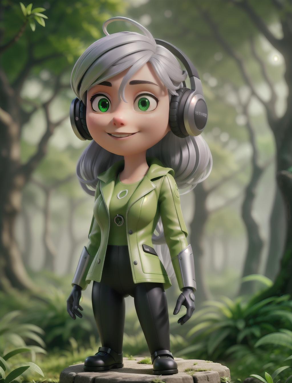  a cute cyborg with silver hair standing in a green forest, Dynamic Background, Vint Color, wearing a headset, enjoying music hyperrealistic, full body, detailed clothing, highly detailed, cinematic lighting, stunningly beautiful, intricate, sharp focus, f/1. 8, 85mm, (centered image composition), (professionally color graded), ((bright soft diffused light)), volumetric fog, trending on instagram, trending on tumblr, HDR 4K, 8K