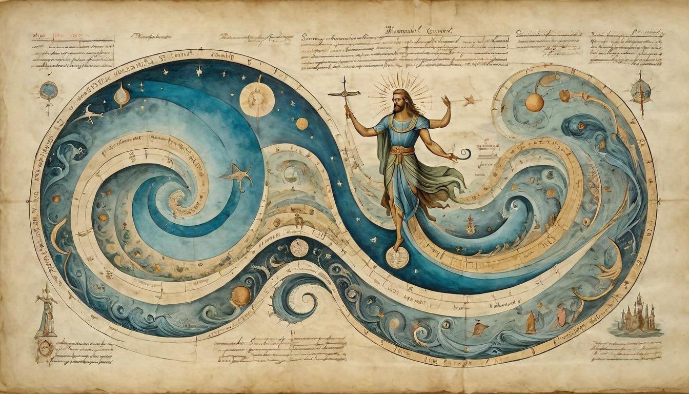  on parchment, surrealism+++, Time depicted as flowing currents, bowing and parting around a central, commanding figure, light emanating from the figure, authority over time, luminous, obedient essence(mysterious, provocative, symbolic,muted color)+++