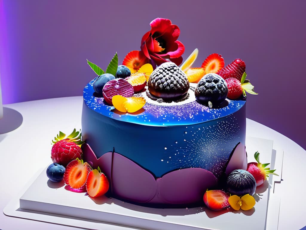  An ultradetailed 8k image of a virtual reality headset projecting a vibrant, intricately detailed threedimensional cake hovering in the air. The cake is adorned with a variety of colorful, exotic fruits and delicate edible flowers, showcasing a fusion of global pastry influences. The background is a sleek, futuristic setting with subtle hints of different world cuisines subtly integrated into the design, symbolizing the endless possibilities of exploring international dessert recipes through Augmented Reality. hyperrealistic, full body, detailed clothing, highly detailed, cinematic lighting, stunningly beautiful, intricate, sharp focus, f/1. 8, 85mm, (centered image composition), (professionally color graded), ((bright soft diffused light)), volumetric fog, trending on instagram, trending on tumblr, HDR 4K, 8K