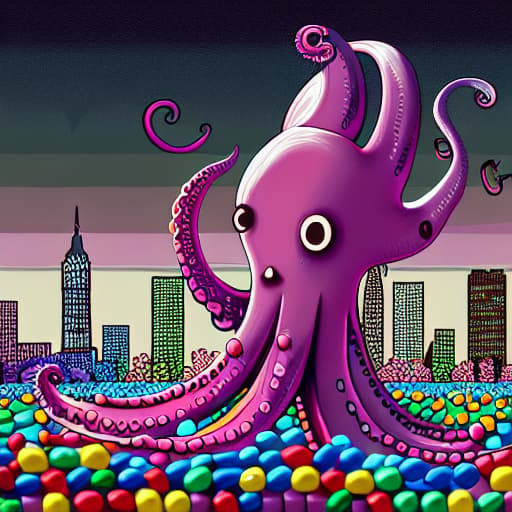  A digital art piece of a giant octopus made of jelly beans, attacking a city skyline