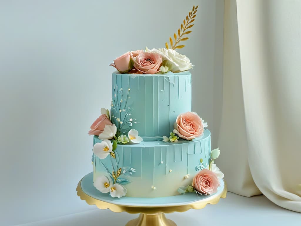  A beautifully decorated threetiered cake with intricate floral piping details in pastel colors, sitting on a sleek marble cake stand against a clean white background. The cake is adorned with delicate sugar flowers and gold leaf accents, exuding elegance and sophistication. hyperrealistic, full body, detailed clothing, highly detailed, cinematic lighting, stunningly beautiful, intricate, sharp focus, f/1. 8, 85mm, (centered image composition), (professionally color graded), ((bright soft diffused light)), volumetric fog, trending on instagram, trending on tumblr, HDR 4K, 8K