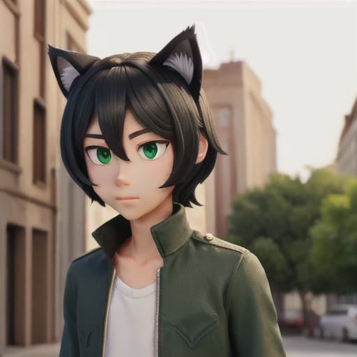  Young man black hair green eyes with cat ears
