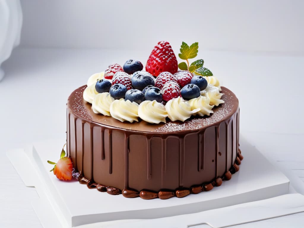  A closeup, ultradetailed image of a decadent and intricately designed vegan chocolate cake with glossy ganache dripping down the sides, adorned with edible gold leaf and vibrant fresh berries, set against a stark white background, showcasing the meticulous craftsmanship and artistry of modern vegan pastry chefs. hyperrealistic, full body, detailed clothing, highly detailed, cinematic lighting, stunningly beautiful, intricate, sharp focus, f/1. 8, 85mm, (centered image composition), (professionally color graded), ((bright soft diffused light)), volumetric fog, trending on instagram, trending on tumblr, HDR 4K, 8K