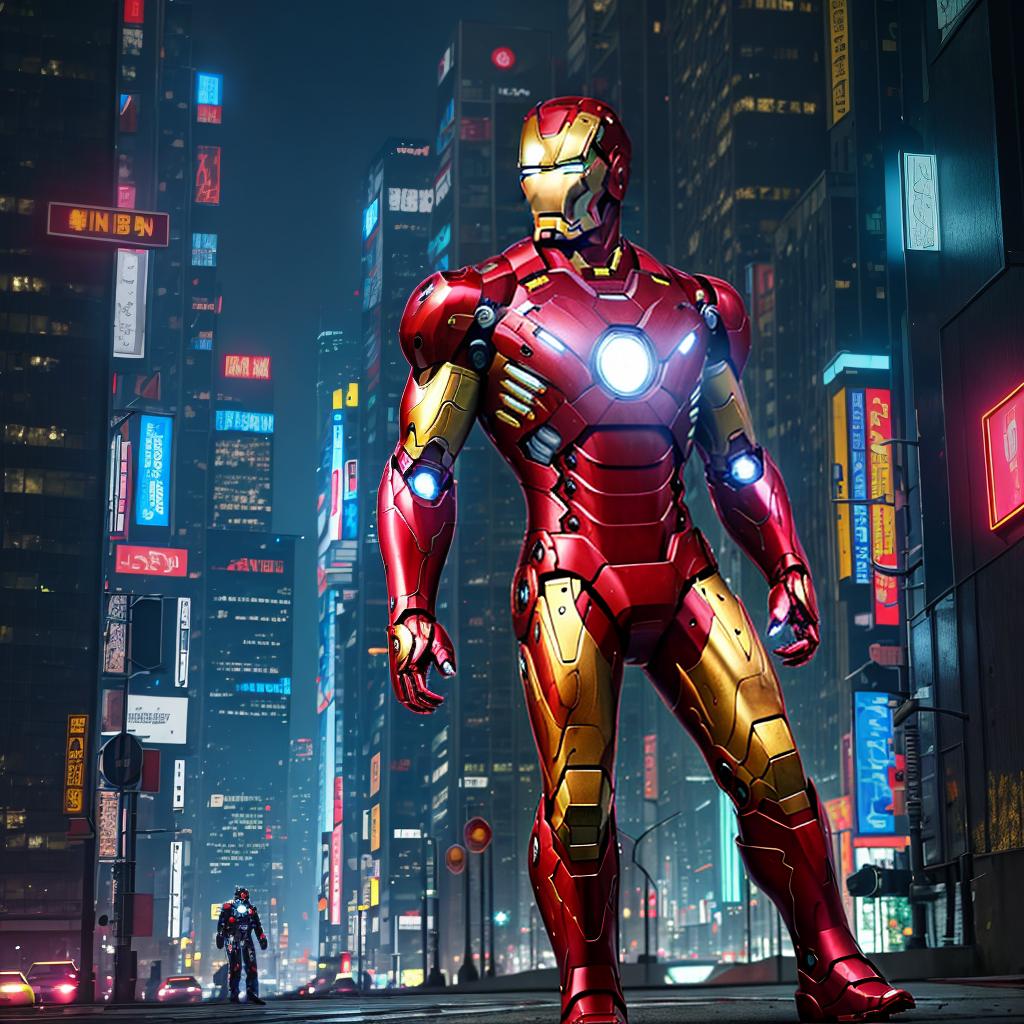  masterpiece, best quality, masterpiece, 8k resolution, realistic, highly detailed, Iron Man close-up. He stands on a street lined with tall buildings in a cyberpunk style city at night. The city's night lights are bright, and the surrounding buildings and streets are full of cyberpunk elements such as neon lights, high-tech equipment and futuristic architectural design.