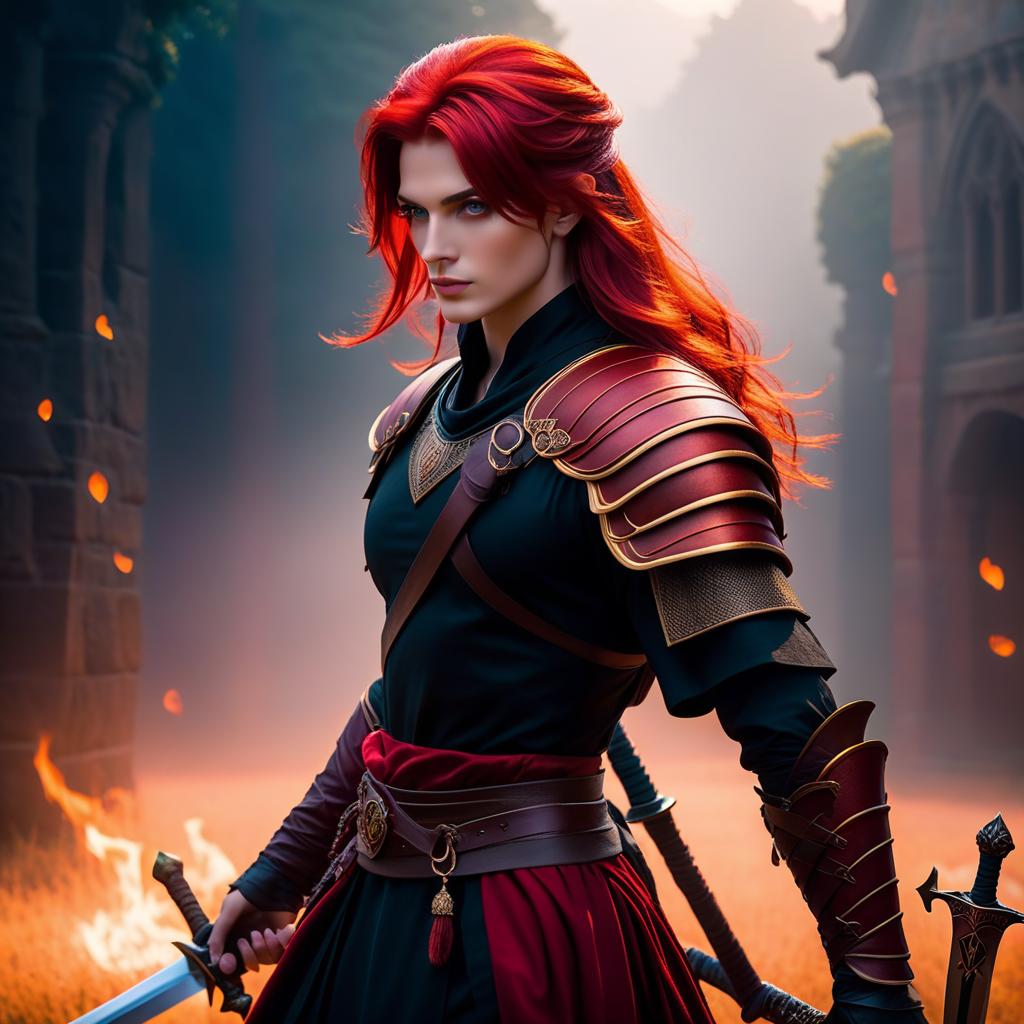  ethereal fantasy concept art of Background: black and red image Foreground: with red hair, holding a sword with "NЮ" inscription, t shirt with a cutout on the and a signature on it forever . magnificent, celestial, ethereal, painterly, epic, majestic, magical, fantasy art, cover art, dreamy hyperrealistic, full body, detailed clothing, highly detailed, cinematic lighting, stunningly beautiful, intricate, sharp focus, f/1. 8, 85mm, (centered image composition), (professionally color graded), ((bright soft diffused light)), volumetric fog, trending on instagram, trending on tumblr, HDR 4K, 8K