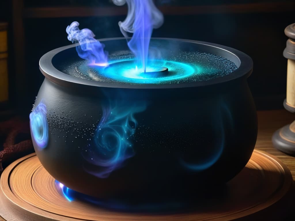  An 8k ultradetailed image of a sleek, black cauldron bubbling with shimmering, colorful potion inside. The potion appears to be swirling with magical energy, emitting a soft glow that illuminates the intricate engravings on the cauldron's surface. Wisps of steam rise gracefully from the cauldron, adding an ethereal touch to the scene. The overall aesthetic is modern and minimalistic, with a focus on the enchanting allure of magical cooking tools. hyperrealistic, full body, detailed clothing, highly detailed, cinematic lighting, stunningly beautiful, intricate, sharp focus, f/1. 8, 85mm, (centered image composition), (professionally color graded), ((bright soft diffused light)), volumetric fog, trending on instagram, trending on tumblr, HDR 4K, 8K