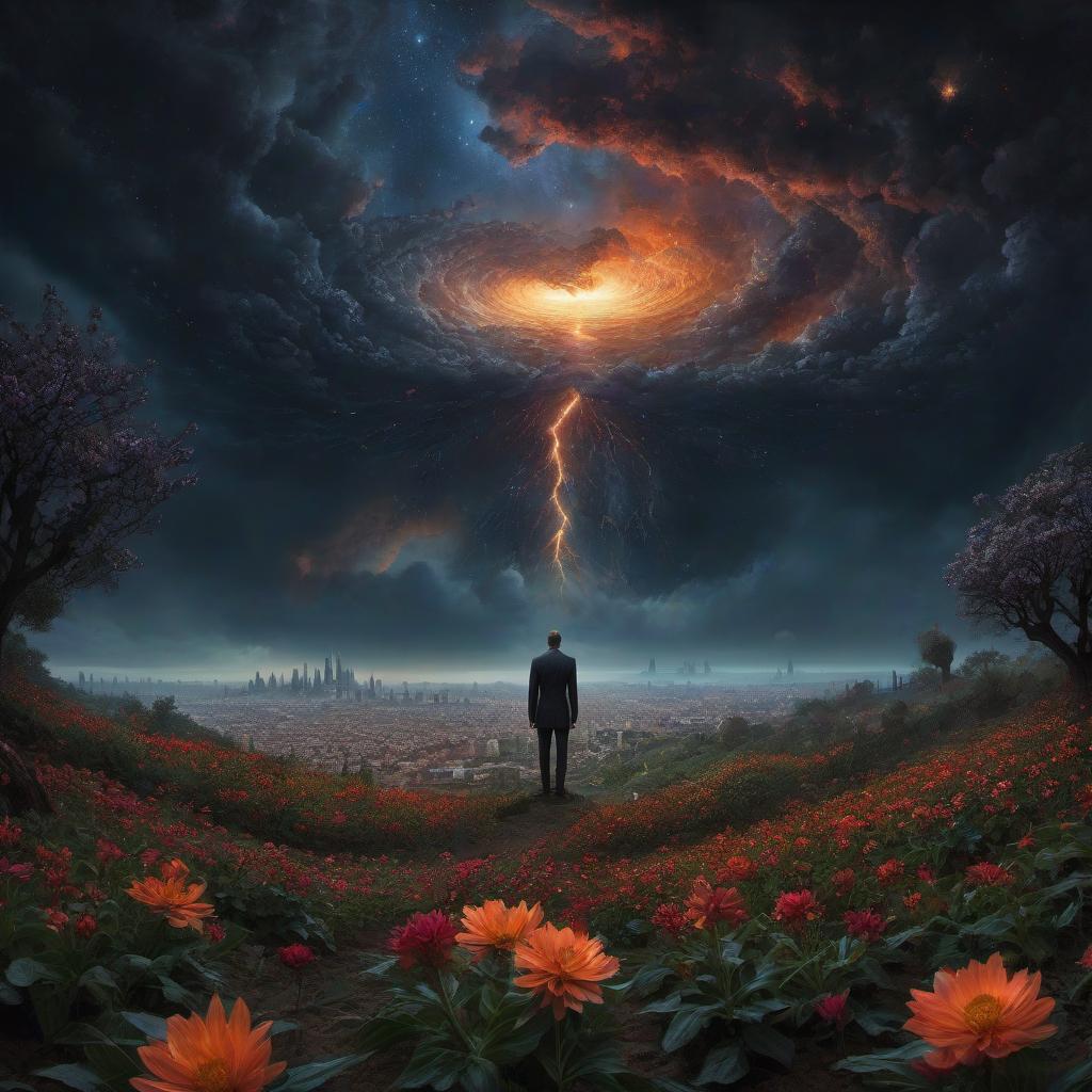  (stylized by Tomasz Alen Kopera:1.3) , dark art, dense flower field and Perseid meteor in background, landscape of a (Barcelona:1.2) , very Bizarre and 1600'S, Hurricane, Glitchcore, Amaro, layered textures, ornate, intricate artistic color, complimentary colors, very inspirational, atmosphere, fine artistic composition, sunny, theatrical hyperrealistic, full body, detailed clothing, highly detailed, cinematic lighting, stunningly beautiful, intricate, sharp focus, f/1. 8, 85mm, (centered image composition), (professionally color graded), ((bright soft diffused light)), volumetric fog, trending on instagram, trending on tumblr, HDR 4K, 8K