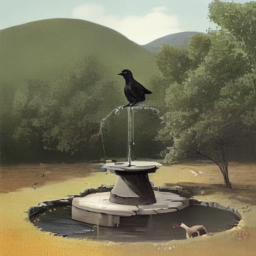  On a summer afternoon, the crow flew over the field, hungry. It found a clear well water, flew happily to the well, and began to drink. But the well water was too low for the crow to reach the surface of the water. It tried several times but failed. The crow looked around anxiously. Suddenly it saw a long branch, so it immediately flew to a tree, put the branch in its mouth, and then put it into the well. The water level rose a. The crow took another branch and put it into the well. The water level rose a more.
 The crow repeated this action, and finally the water level rose to a height that it could drink. Finally, the crow drank the cool and sweet water in its mouth and enjoyed it contentedly. At this time, a fox cam
