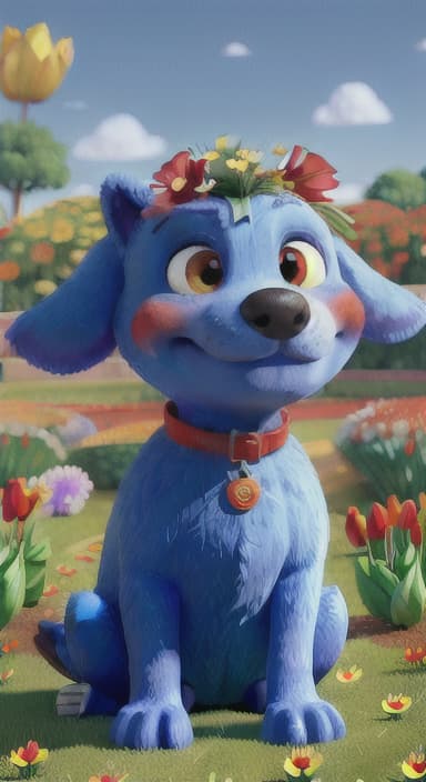  {The red ball nestled in a bed of colorful flowers like daisies and tulips, The big blue dog is large with sky blue fur, big round eyes, a black nose, and floppy ears.