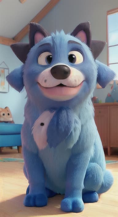  {Max snuggled up in his comfy dog bed inside the house, fast asleep, The big blue dog is large with sky blue fur, big round eyes, a black nose, and floppy ears.