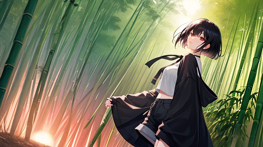  Landscape, a cute anime in shorts and a cropped top with short black hair and red eyes makes her way through bamboo ets at dusk, high resolution, realistic lighting, ultra quality, 4K, clear image. hyperrealistic, full body, detailed clothing, highly detailed, cinematic lighting, stunningly beautiful, intricate, sharp focus, f/1. 8, 85mm, (centered image composition), (professionally color graded), ((bright soft diffused light)), volumetric fog, trending on instagram, trending on tumblr, HDR 4K, 8K