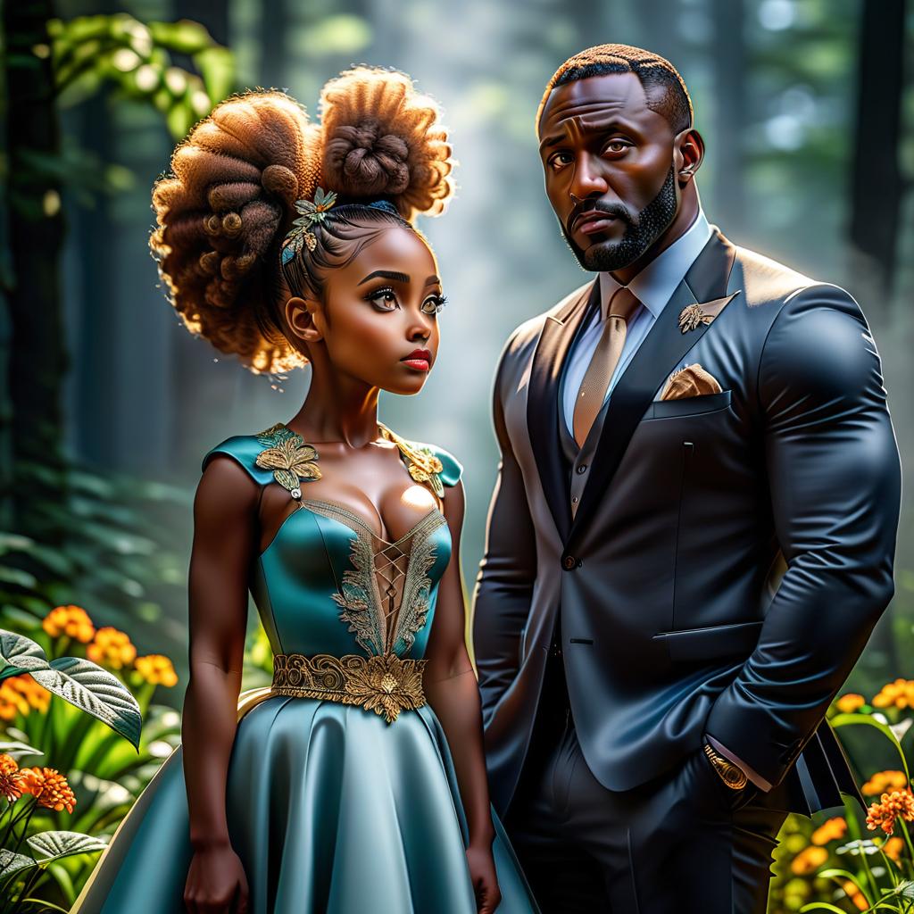  A small girl beside a grown up black man. hyperrealistic, full body, detailed clothing, highly detailed, cinematic lighting, stunningly beautiful, intricate, sharp focus, f/1. 8, 85mm, (centered image composition), (professionally color graded), ((bright soft diffused light)), volumetric fog, trending on instagram, trending on tumblr, HDR 4K, 8K