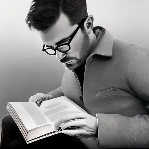 dublex style hd, b&w, drawing, sitting and book reading man inside a cozy hotelroom background, wearing glasses, nature inside the man, closeup