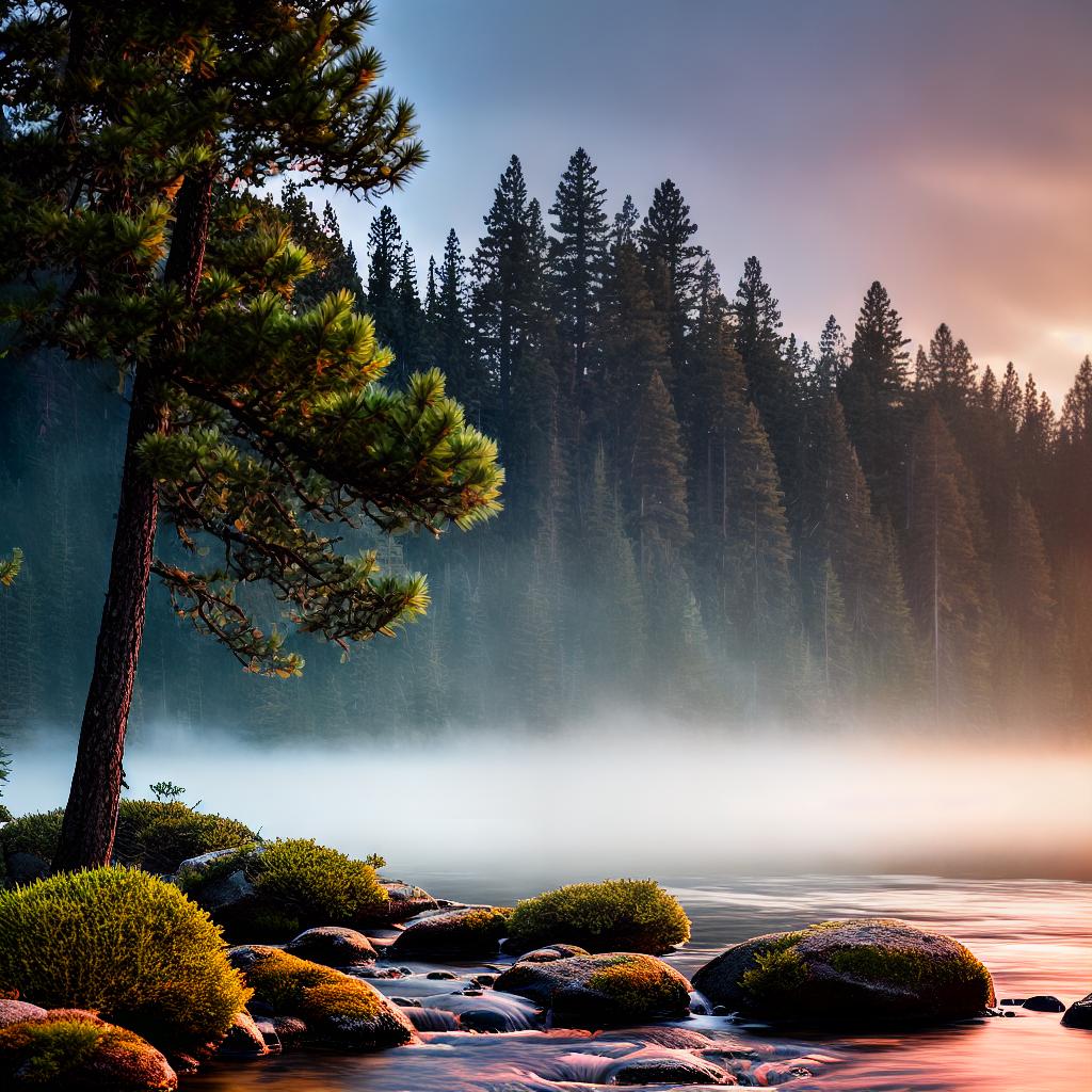  An awe-inspiring 8k resolution masterpiece showcasing a serene landscape. The scene features tall pine trees, a flowing river, and a mesmerizing sunset. The high level of detail adds depth and realism to this picturesque scenery. hyperrealistic, full body, detailed clothing, highly detailed, cinematic lighting, stunningly beautiful, intricate, sharp focus, f/1. 8, 85mm, (centered image composition), (professionally color graded), ((bright soft diffused light)), volumetric fog, trending on instagram, trending on tumblr, HDR 4K, 8K