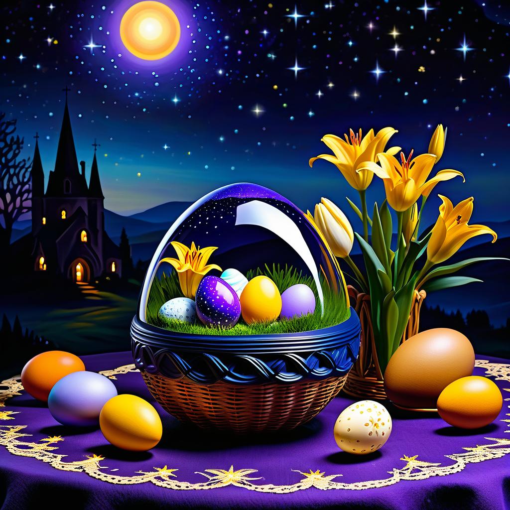  ethereal fantasy concept art of (Sky):starry night. (Colour):dark blue, violet, lilac. Yellow, orange cream lilies blossom on the background of the starry sky. On the openwork tablecloth is an Easter basket with Easter eggs. In the centre of the basket is a large decorative glass egg on a carved wooden stand. In the egg sits the Easter Bunny. (Bunny). Description: a small fluffy adorable bunny. Wool of delicate pastel colours: blue, lilac, the colour of cocoa with milk. Sits in the y oung grass around him painted Easter eggs: lilac pink orange red, blue, lettuce. . magnificent, celestial, ethereal, painterly, epic, majestic, magical, fantasy art, cover art, dreamy hyperrealistic, full body, detailed clothing, highly detailed, cinematic lighting, stunningly beautiful, intricate, sharp focus, f/1. 8, 85mm, (centered image composition), (professionally color graded), ((bright soft diffused light)), volumetric fog, trending on instagram, trending on tumblr, HDR 4K, 8K