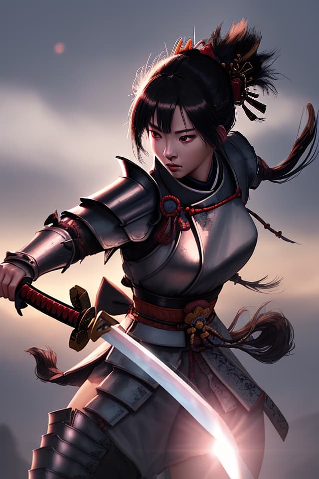  Female samurai, princess cut, Holding Katana, Samurai Armor, Growing Edge, Lens Flare, 💩, 💩,