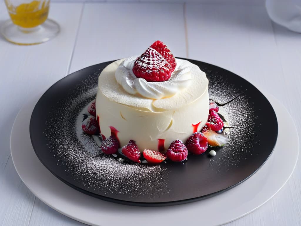  A closeup, ultrahighresolution image of a pristine white meringue dessert delicately placed on a sleek, modern plate. The meringue is artfully drizzled with a vibrant, glossy raspberry reduction, with tiny droplets glistening in the light. The plate sits on a dark, matte surface, creating a stark yet elegant contrast that emphasizes the intricate textures and colors of the dessert. The focus is on the exquisite details of the dessert, showcasing its beauty and craftsmanship in a minimalistic and visually striking manner. hyperrealistic, full body, detailed clothing, highly detailed, cinematic lighting, stunningly beautiful, intricate, sharp focus, f/1. 8, 85mm, (centered image composition), (professionally color graded), ((bright soft diffused light)), volumetric fog, trending on instagram, trending on tumblr, HDR 4K, 8K