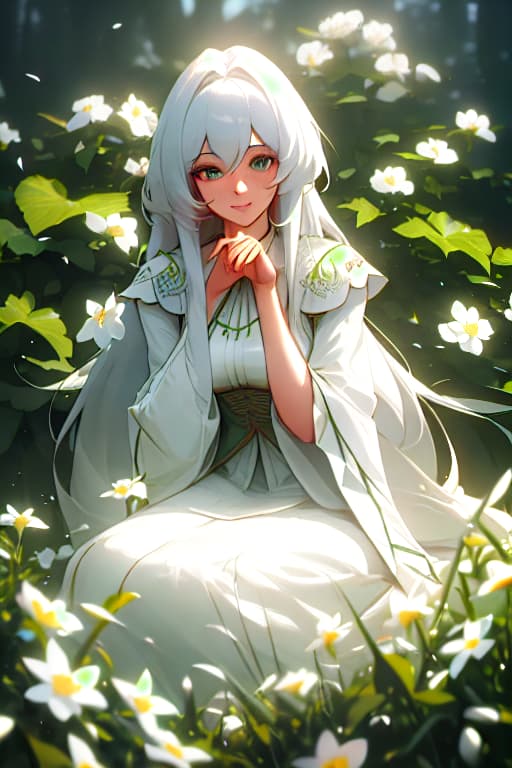  (masterpiece, best quality),1girl with long white hair sitting in a field of green plants and flowers, her hand under her chin, warm lighting, white dress, blurry foreground hyperrealistic, full body, detailed clothing, highly detailed, cinematic lighting, stunningly beautiful, intricate, sharp focus, f/1. 8, 85mm, (centered image composition), (professionally color graded), ((bright soft diffused light)), volumetric fog, trending on instagram, trending on tumblr, HDR 4K, 8K