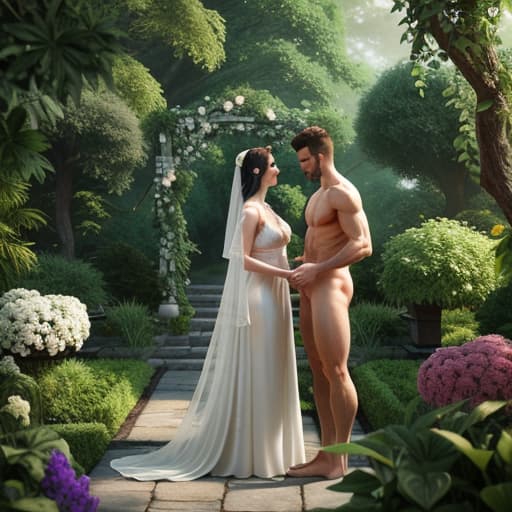  Capture the moment of Adam and Eve's unashamed nakedness, showcasing their purity and connection with nature in the serene environment of the garden. hyperrealistic, full body, detailed clothing, highly detailed, cinematic lighting, stunningly beautiful, intricate, sharp focus, f/1. 8, 85mm, (centered image composition), (professionally color graded), ((bright soft diffused light)), volumetric fog, trending on instagram, trending on tumblr, HDR 4K, 8K