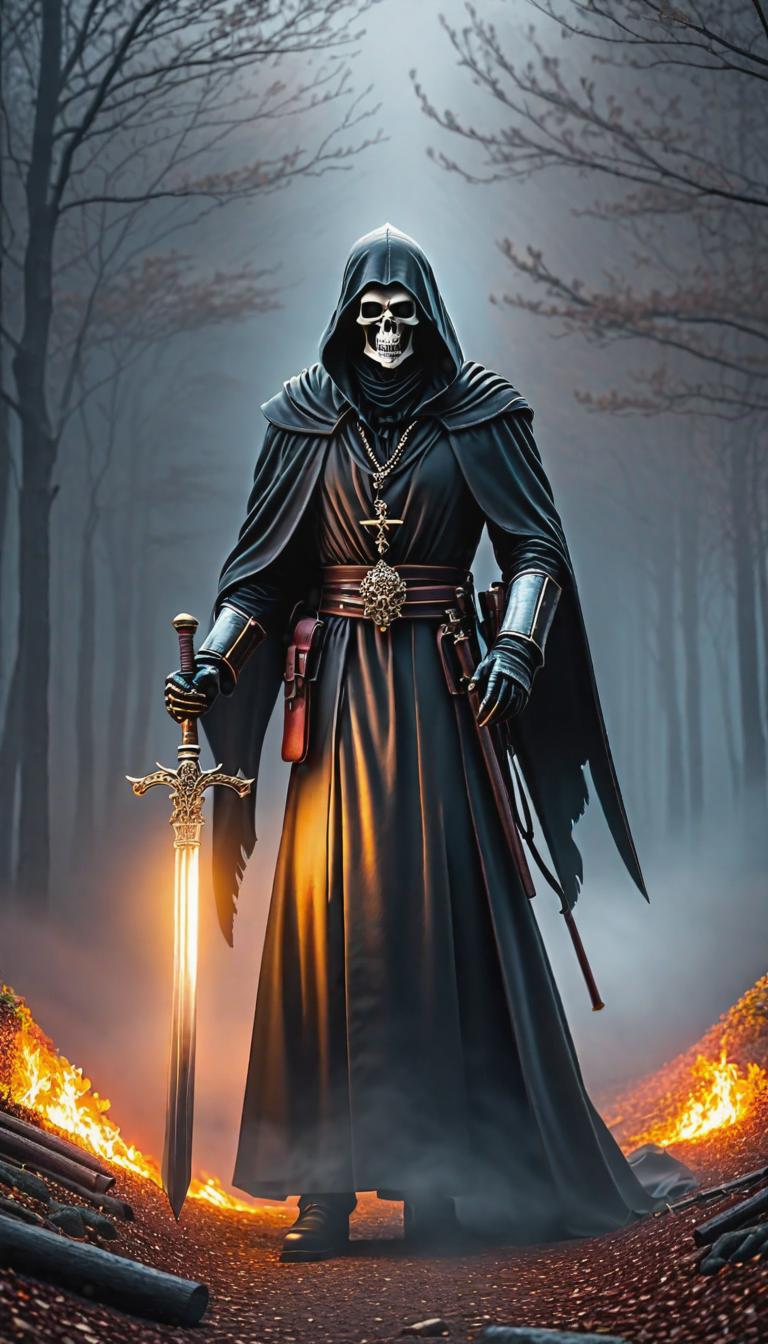  gothic style depiction of a grim reaper. Dark, mysterious, scary, haunting, dramatic, ornate, detailed. . dark, mysterious, haunting, dramatic, ornate, detailed, hyperrealistic, full body, detailed clothing, highly detailed, cinematic lighting, stunningly beautiful, intricate, sharp focus, f/1. 8, 85mm, (centered image composition), (professionally color graded), ((bright soft diffused light)), volumetric fog, trending on instagram, trending on tumblr, HDR 4K, 8K