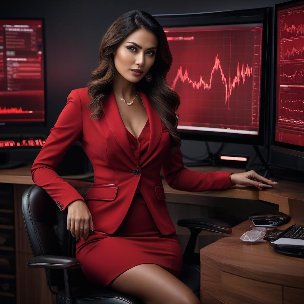  hyperrealistic art Hello. You're a professional marketer and designer. Please draw a trader's workspace. There's a desktop with a top, monitors showing graphs. There's a leather chair. A beautiful young is sitting in the chair. She's wearing a business red suit. She has a charming . This image should be vint and eye catching. . extremely high resolution details, photographic, realism pushed to extreme, fine texture, incredibly lifelike hyperrealistic, full body, detailed clothing, highly detailed, cinematic lighting, stunningly beautiful, intricate, sharp focus, f/1. 8, 85mm, (centered image composition), (professionally color graded), ((bright soft diffused light)), volumetric fog, trending on instagram, trending on tumblr, HDR 4K, 8K