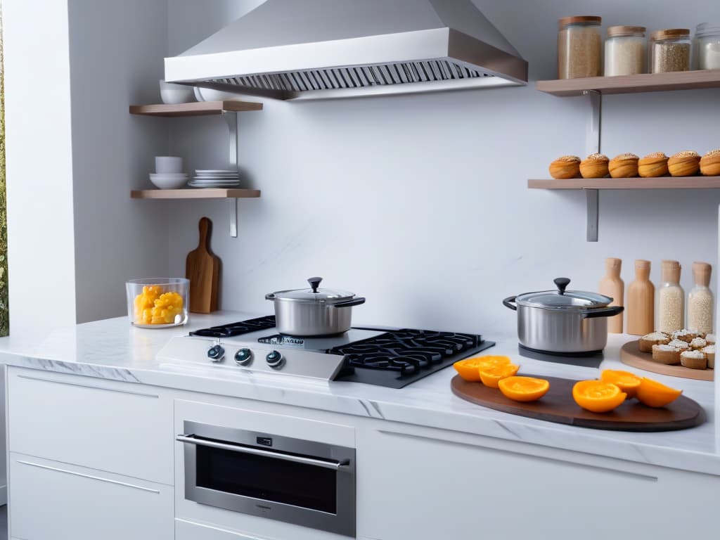  An ultradetailed image of a pristine, sleek kitchen with marble countertops, highend stainless steel appliances, and a minimalist design aesthetic. The image showcases a pristine, clutterfree space with subtle hints of baking tools like measuring cups and mixing bowls neatly organized on open shelves. The overall ambiance exudes elegance and sophistication, setting the stage for a professional and inspiring baking experience. hyperrealistic, full body, detailed clothing, highly detailed, cinematic lighting, stunningly beautiful, intricate, sharp focus, f/1. 8, 85mm, (centered image composition), (professionally color graded), ((bright soft diffused light)), volumetric fog, trending on instagram, trending on tumblr, HDR 4K, 8K