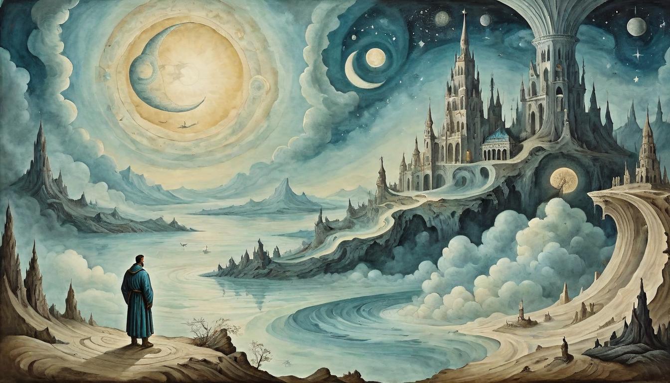  on parchment, surrealism+++, A contemplative figure amidst a celestial backdrop, each decision causing ripples in time, wise, impactful, transcendent(mysterious, provocative, symbolic,muted color)+++