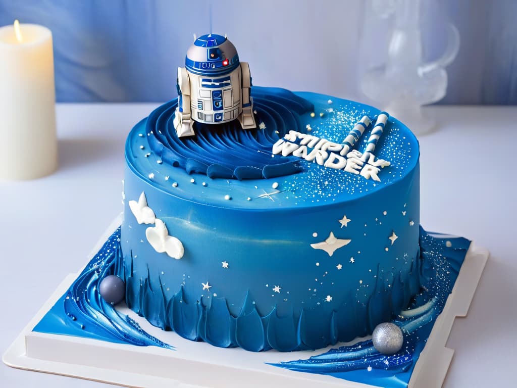  A minimalist, highly detailed image of a galaxythemed cake adorned with intricate Star Warsinspired details such as lightsabers, Millennium Falcon, and R2D2, set against a backdrop of shimmering stars and cosmic swirls. The cake should be elegantly crafted with a sleek color palette of blues, purples, and silvers, exuding a sense of celestial wonder and culinary artistry. hyperrealistic, full body, detailed clothing, highly detailed, cinematic lighting, stunningly beautiful, intricate, sharp focus, f/1. 8, 85mm, (centered image composition), (professionally color graded), ((bright soft diffused light)), volumetric fog, trending on instagram, trending on tumblr, HDR 4K, 8K