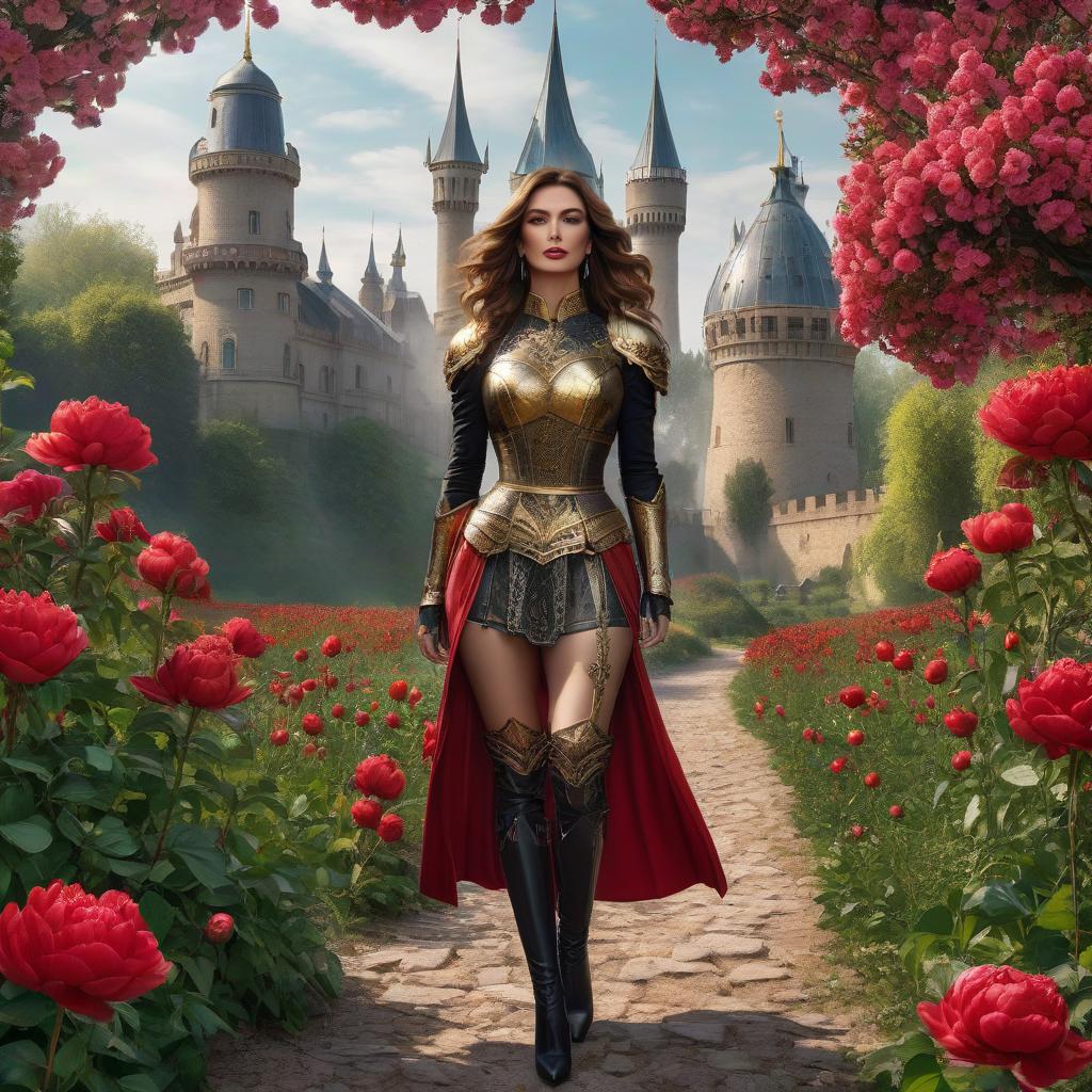  The with the brown hair. Тhe dress, the purse, the brown eyes. Shorts, , red lips. A in armor. A black sword with gold details. Fire. The rigor of the lines. Power. The sword gives off electric shocks. Highly detailed, highly detailed, highly detailed image and all details. ((Sparkling rim)): spring field, hyacinths, roses, rosehips, rose hips, peonies, cherry tree, yellow, red, black flowers, forget me nots. Nature in the background, spring, delight. Luxury, richness. High quality. Swarovski, pandora. The Emerald Palace, the towers. Holobue sky. Golden spires, Gothic style. Fantasy, fairy tale. Poppy field in front of palace. Emerald stones, Green Alley.Luxury, wealth. spring field, hyacinths, roses, rosehips, rose hips, p hyperrealistic, full body, detailed clothing, highly detailed, cinematic lighting, stunningly beautiful, intricate, sharp focus, f/1. 8, 85mm, (centered image composition), (professionally color graded), ((bright soft diffused light)), volumetric fog, trending on instagram, trending on tumblr, HDR 4K, 8K