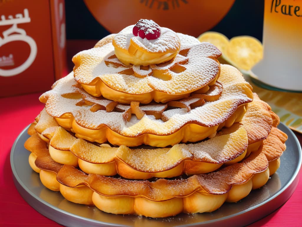  An ultradetailed image of a diverse array of intricately crafted Mexican buñuelos, each representing a unique regional variation in shape, size, color, and toppings. From the golden, crispy spheres of Oaxaca topped with cinnamon sugar to the flat, flowershaped buñuelos from Veracruz drizzled with piloncillo syrup, this image showcases the rich culinary diversity of Mexican buñuelos. The intricate textures and vibrant colors of each buñuelo are captured in stunning detail, inviting the viewer to explore the myriad flavors and traditions of this beloved Latin dessert. hyperrealistic, full body, detailed clothing, highly detailed, cinematic lighting, stunningly beautiful, intricate, sharp focus, f/1. 8, 85mm, (centered image composition), (professionally color graded), ((bright soft diffused light)), volumetric fog, trending on instagram, trending on tumblr, HDR 4K, 8K