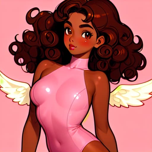  Woman with tanned skin, dark curly hair, dark brown eyes, full and slightly pink lips, round cheeks, angel face.